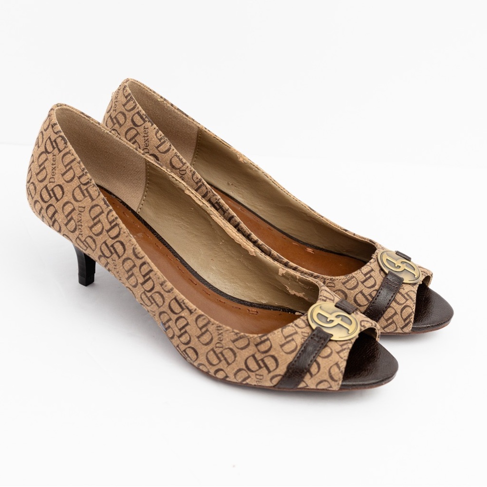 Open toe kitten heel neutral brown & tan logo print fabric Dexter 7 peep toe